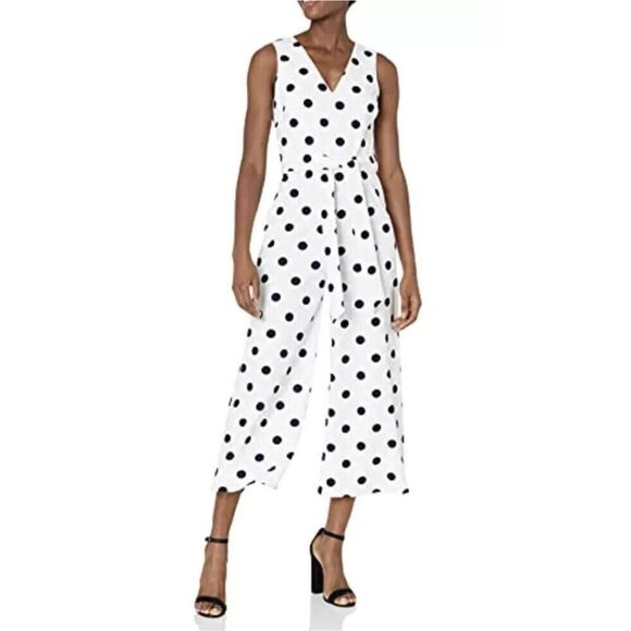 Karl Lagerfeld Paris Cropped Jumpsuit belt White black polka dot Size 12 - Picture 4 of 9
